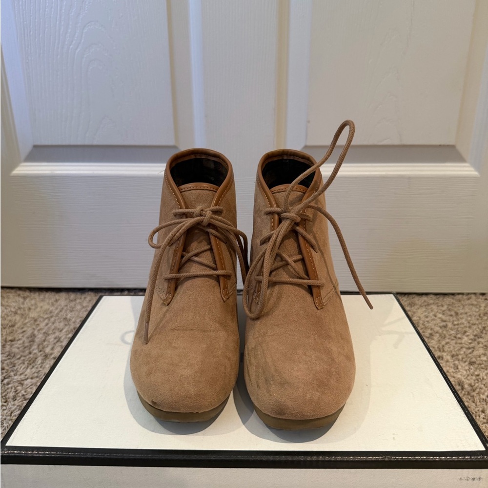 Target Tan Suede Lace-Up Wedge Booties